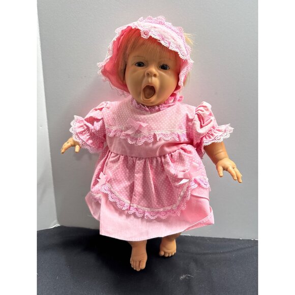 Berenguer 15" Angry Face Crying Baby Blue Eye Blonde Doll Pink Outfit & Bonnet - Picture 7 of 9